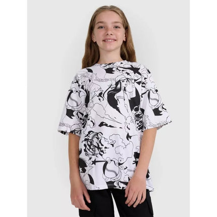 Negabaritinis T-shirt su spauda mergaitėms 4F 4FJRAW25TTSHF3069-90A