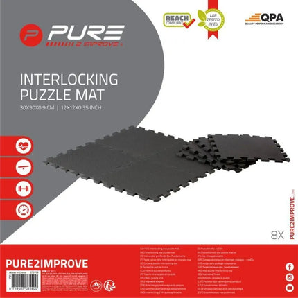 PUZZLE MAT FOR FITNESS EQUIPMENT 8 PCS 30x30x0.9 CM BLACK PURE 2 IMPROVE