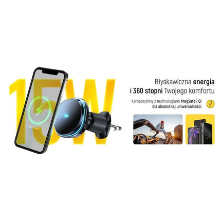 Wozinsky WCT5-Q6S2Y Automobilinis laikiklis su Qi/MagSafe 15W induktyviu įkrovikliu ventiliacijos grotelėms su ventiliatoriumi - Juodas