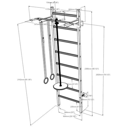 WOODEN AND METAL GYMNASTIC WALL BAR WITH WOODEN BAR AND ACCESSORIES BENCHK 221B A076