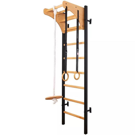 WOODEN AND METAL GYMNASTIC WALL BAR WITH WOODEN BAR AND ACCESSORIES BENCHK 211B A076