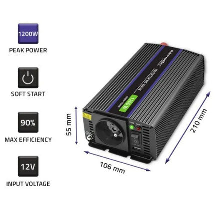 QOLTEC VOLTAGE CONVERTER MONOLITH 1200 MS WAVE | 12V TO 230V | 600/1200W | USB
