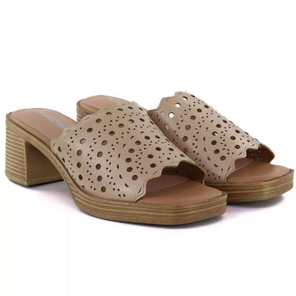 Women's openwork beige mules with a heel M.Daszyński MR2598-7
