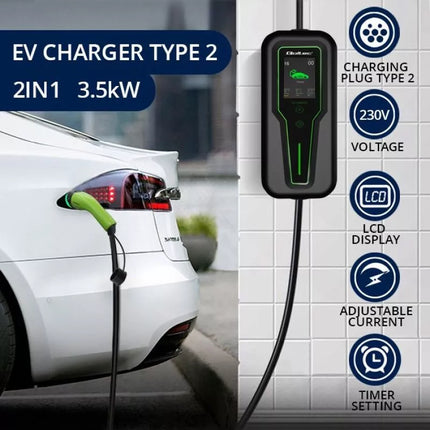Qoltec Mobile charger for electric car EV with regulation 2 in 1 Type 2 | 3.5kW | 230V | LCD | Portable | Wallbox | 5m