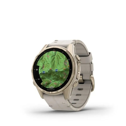 Garmin Fenix 8 43 mm AMOLED safyro ir titano „Soft Gold“ laikrodis su „Limestone“ odiniu dirželiu