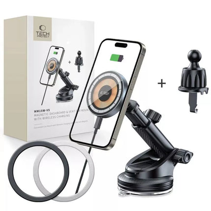 Tech-Protect MM15W MagSafe automobilinis laikiklis su 15W induktyviu įkrovikliu, skirtas ventiliacijos grotelėms ir prietaisų skydeliui - Juodas
