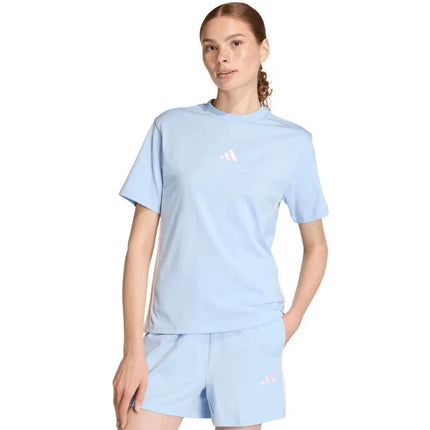 Moterų adidas Essentials 3-Stripes medvilniniai marškinėliai, šviesiai mėlyni KB7119
