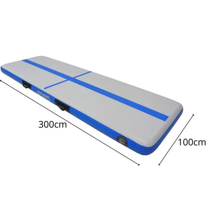 PRIPUČIAMAS GIMNASTIKOS ČIUŽINYS, AKROBATIKOS TAKELIS 300X100X15CM SU ELEKTRINE POMPA, MĖLYNAS