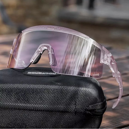 Rockbros dviratininko akiniai su fotochrominiais lęšiais, apsauga nuo UV spindulių ir korekcinių lęšių rėmeliu, skaidrūs - violetiniai