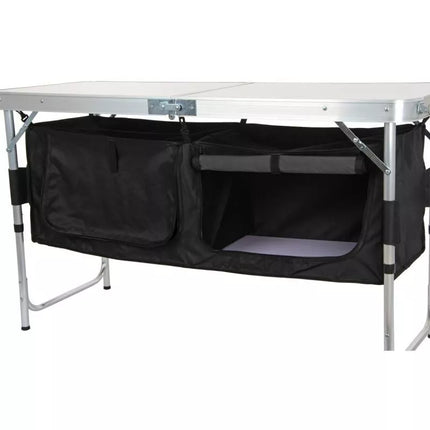 Sulankstomas kempingo stalas 120x47x70/62/54cm su spintele 33x30x36cm