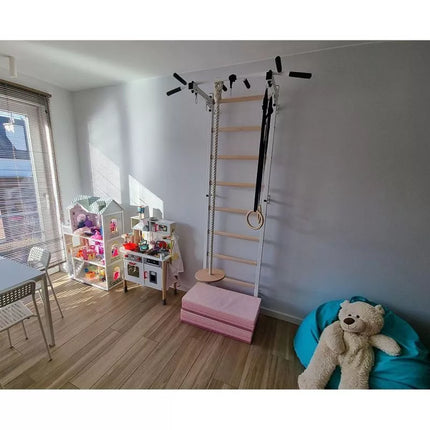 GYMNASTIC WOODEN AND METAL WALL BAR WITH METAL BAR AND ACCESSORIES FOR CHILDREN BENCHK 721W A076