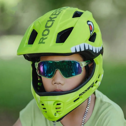 Vaikų dviračio šalmas Rockbros TT-32003 Shark su nuimamu smakru, dydis S (48-52) - žalias