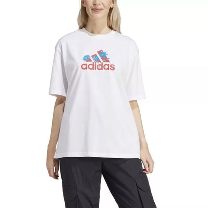 ADIDAS Gėlių rašto „Badge of Sport“ moteriški marškinėliai, balti IT1421