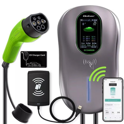 Qoltec EV Charging Station Type2 for electric cars and hybrids | 22kW | LCD | 2 EV Cards | 3 phases | Wallbox | Hotel system | 5m
