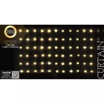 Kalėdinė šviesos uždanga lauko/vidaus, 120 LED, 300x60cm, su nuotolinio valdymo pulteliu, šiltai balta