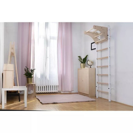 GYMNASTIC WOODEN AND METAL WALL BAR WITH 4 HANDLES WITH A WOODEN BAR BENCHK 211W