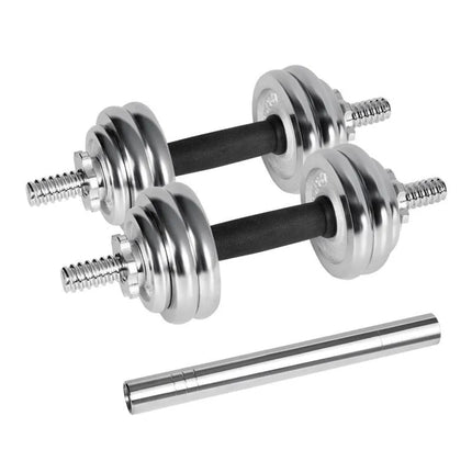 REBEL ACTIVE reguliuojami chromuoti hanteliai su dėklu ir štanga, 15 kg komplektas.